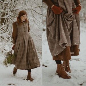Linenaive Brown Plaid Wool-Blend Pleated Midi Dress